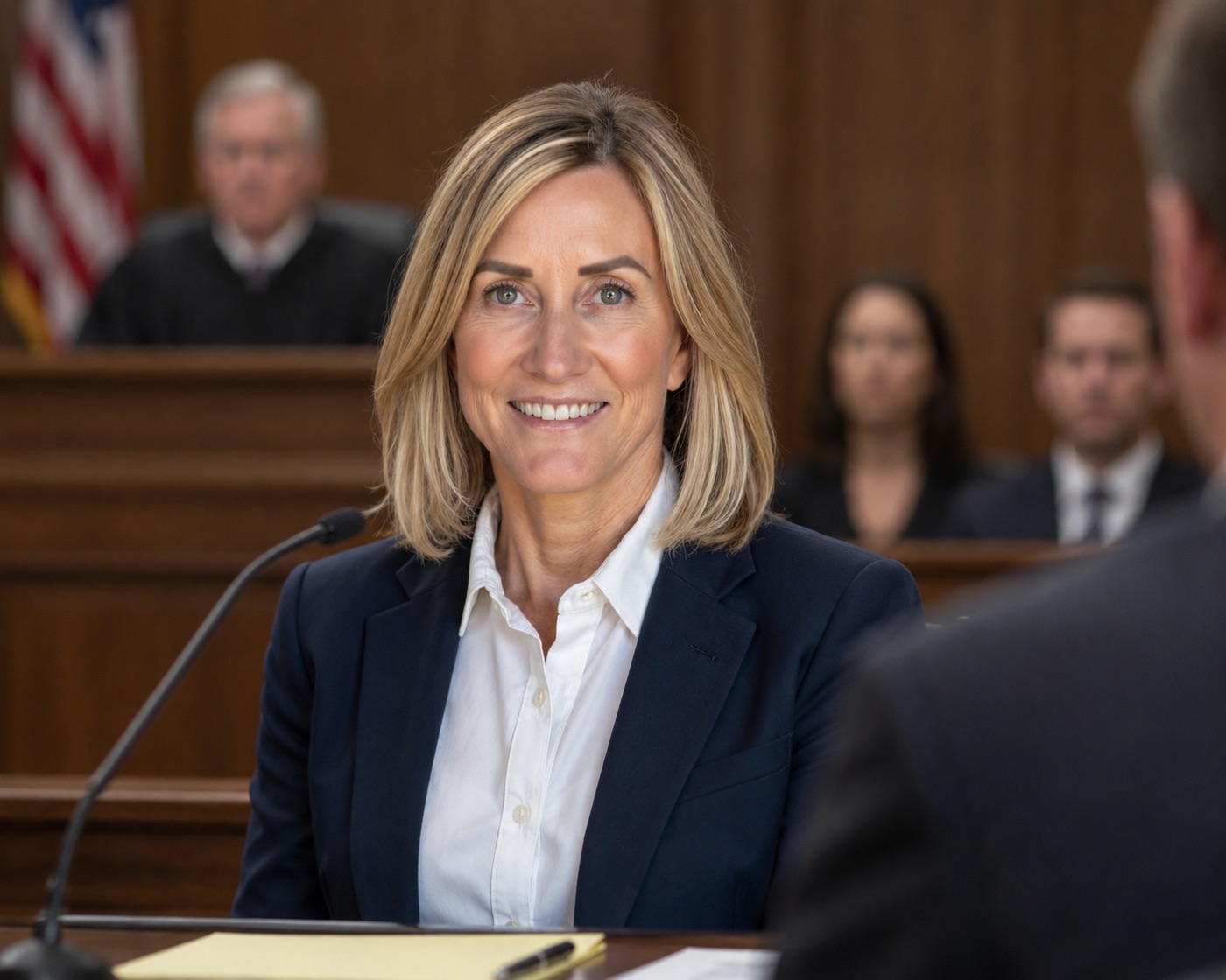 Melissa Vare, founding attorney at Vare Family Law, seated at counsel table in a courtroom